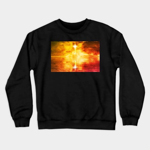 Cross With Sunset Illustration Crewneck Sweatshirt by ChristianShirtsStudios